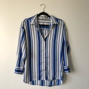 Zara blue striped collard top. Open back. Sm